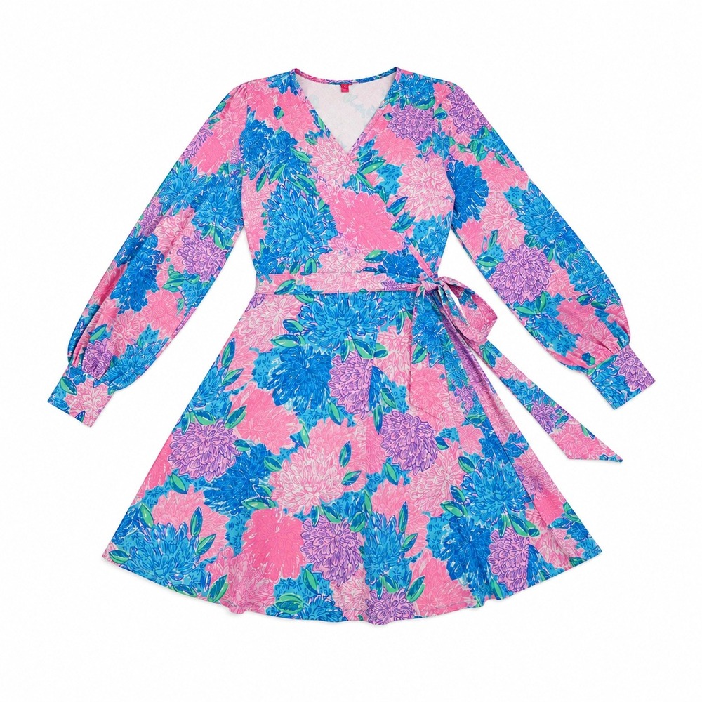 Lilly Pulitzer Wrap Dress Womens S Pink Blue Floral Long Sleeve Faux Wrap Jersey - Picture 2 of 16